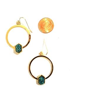 Gold circle hoop earrings with Teal Green Stone